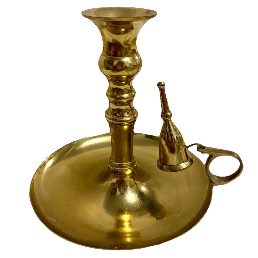 Vintage Heavy Solid Brass Chamberstick Candle Holder w Snuffer India